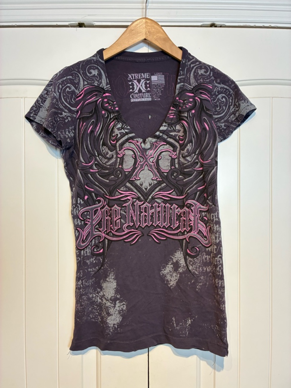 Xtreme Couture Women’s Short Sleeve V-Neck Tee - Charcoal with Pink Accents